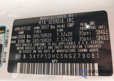 2022 Kia Telluride Sx z USA, uszkodzony, nr VIN 5XYP5DHC5NG279081